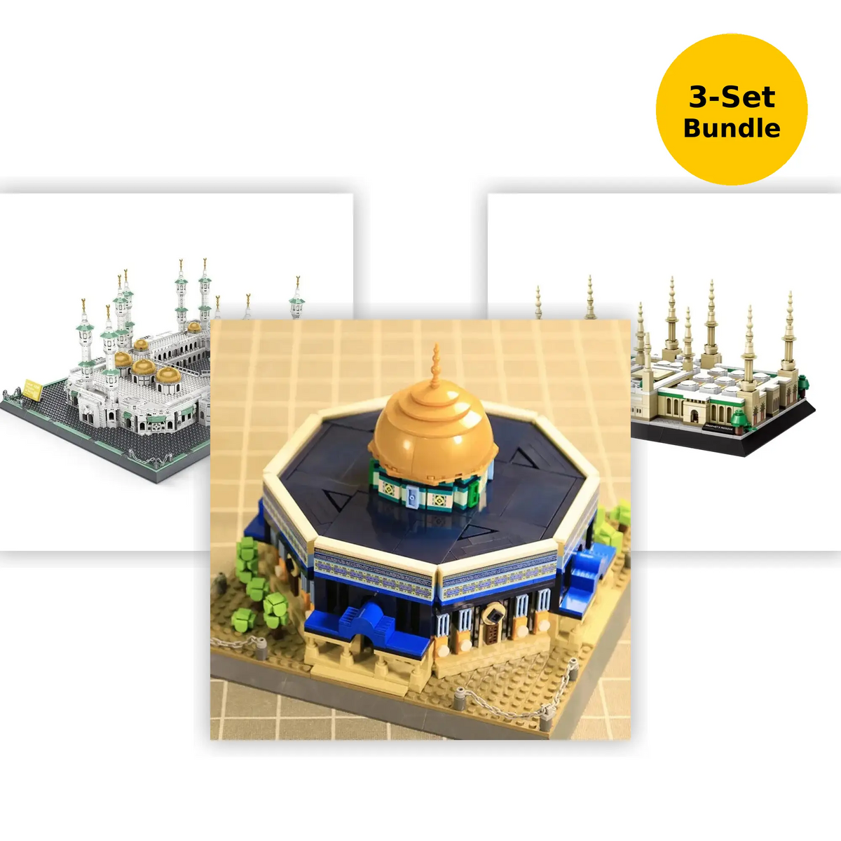 Blauwe en gouden lego model van de rotskoepel in de ultieme bouwstenenbundel drie heilige plaatsen