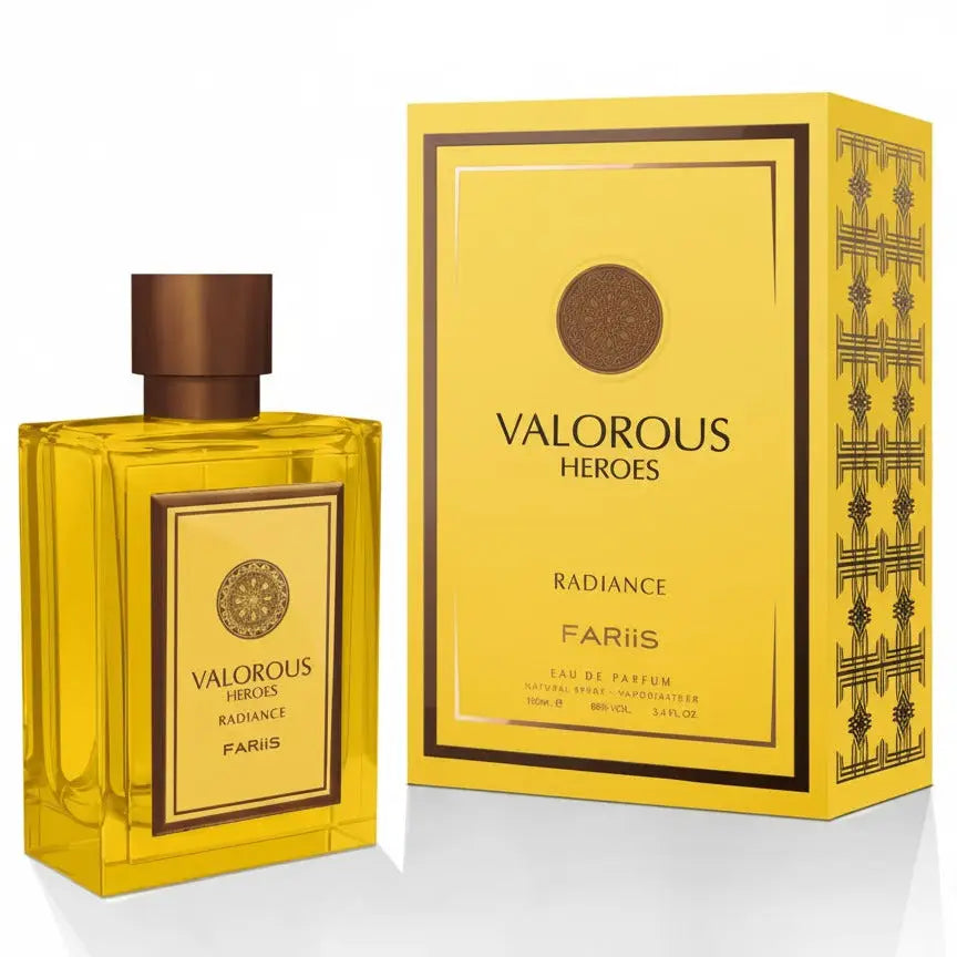 Gouden rechthoekige parfumfles met bruine dop en label naast gele doos van valorous heroes radiance edp
