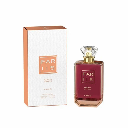 Een strakke, rechthoekige fles van far iis vanille absolu eau de parfum met diepe bordeauxrode vloeistof en kristallen dop