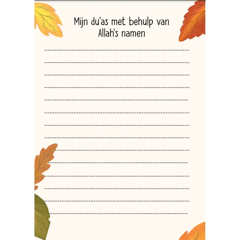 Lijnnotitie met herfstbladeren en Nederlandse tekst over dua’s met Allah SWT namen