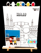 Wit kleurplaat hajj thema met minaretten en cartoon kinderen op houten ezel met zes verfpotjes verfset 5 zuilen