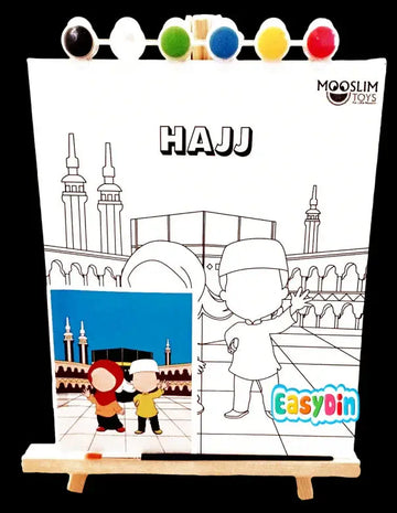 Wit kleurplaat hajj thema met minaretten en cartoon kinderen op houten ezel met zes verfpotjes verfset 5 zuilen