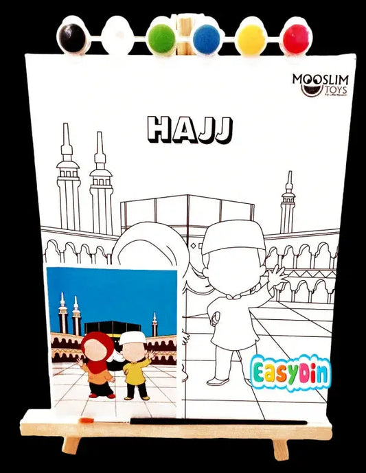 Wit kleurplaat hajj thema met minaretten en cartoon kinderen op houten ezel met zes verfpotjes verfset 5 zuilen