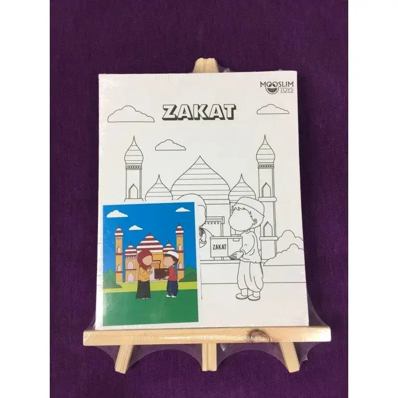 Wit kleurboek verzset 5 zuilen met zakat in vet en lijntekening van moskee en kinderen die aalmoezen geven, gedeeltelijk blauwgroen ingekleurd