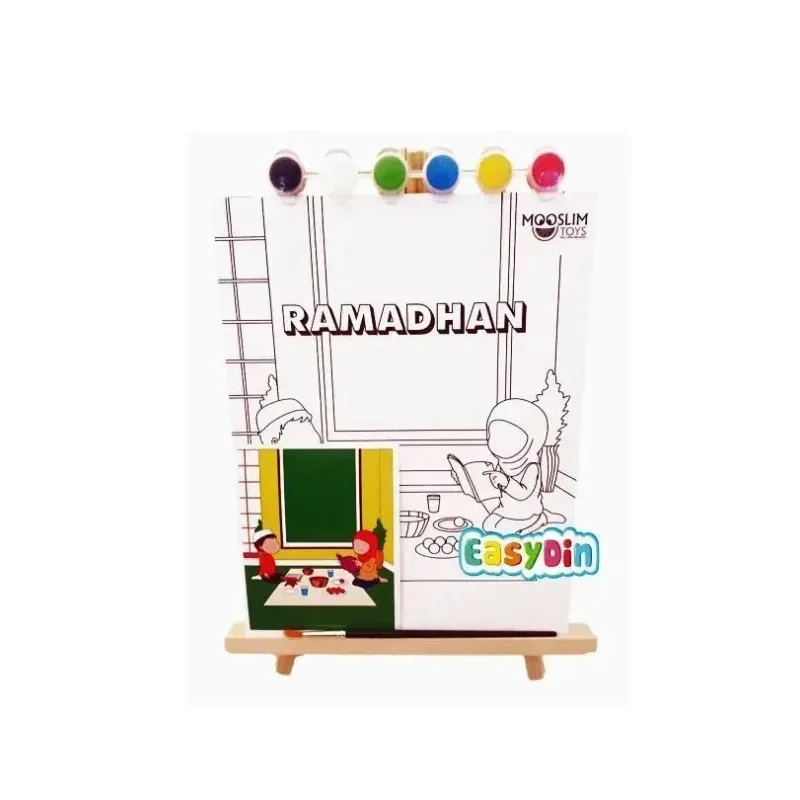 Wit ramadan kleurplaatbord met kleurrijke verfpotjes en houten standaard verfset 5 zuilen