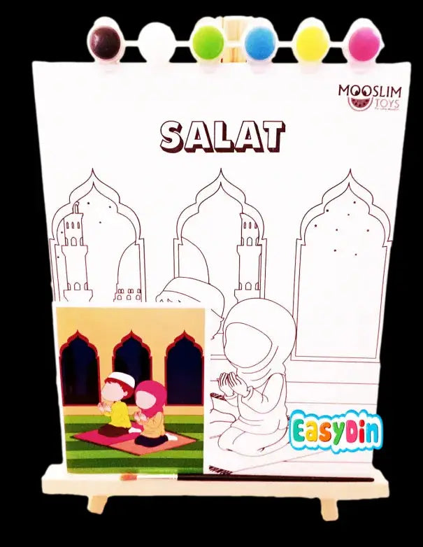 Wit kleuractiviteitbord met salat in dikke letters en moskeeën plus biddend kind, inclusief zes kleurrijke verfcaps