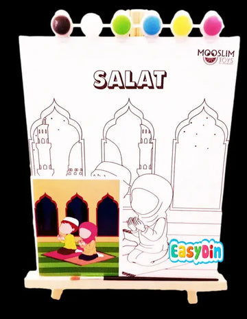 Wit kleuractiviteitbord met salat in dikke letters en moskeeën plus biddend kind, inclusief zes kleurrijke verfcaps