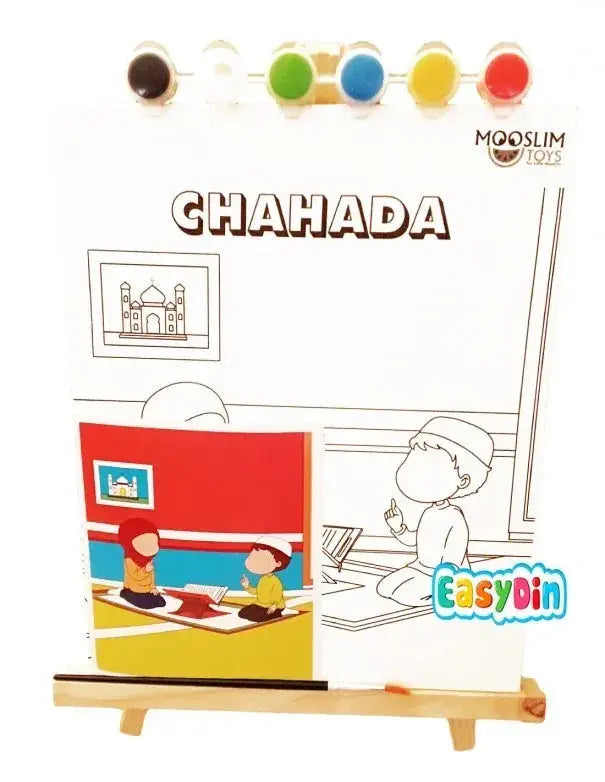 Kleurige verfpotten bij een wit kleurboek chahada van mooslim toys met kindertekeningen en de taj mahal voor verfset 5 zuilen