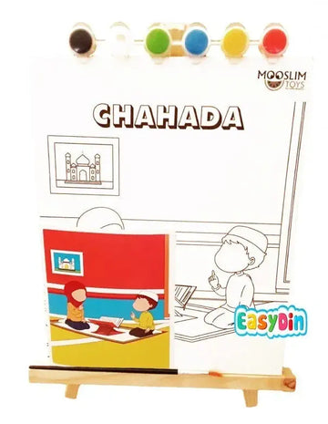 Kleurige verfpotten bij een wit kleurboek chahada van mooslim toys met kindertekeningen en de taj mahal voor verfset 5 zuilen