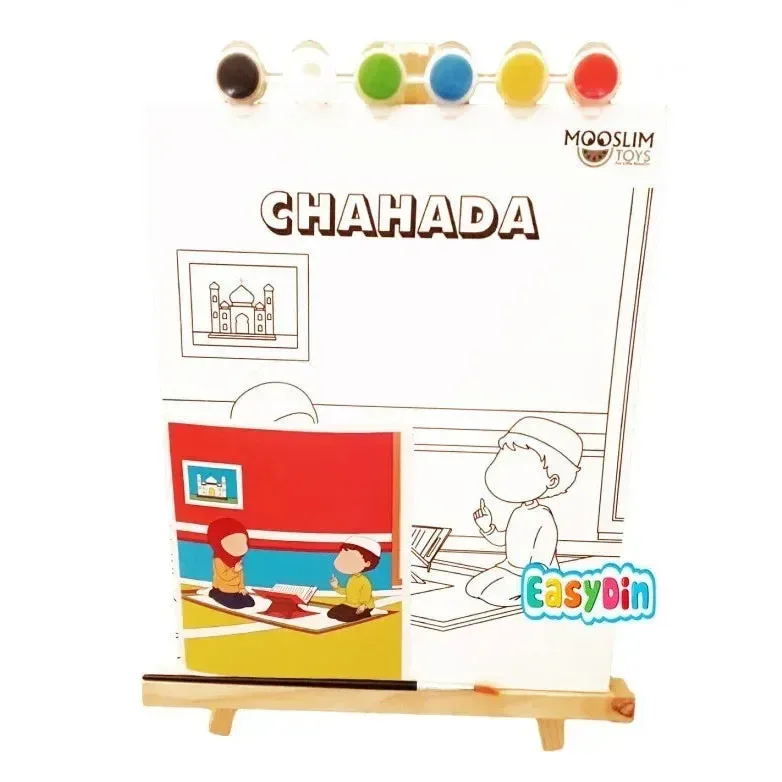 Kleurige verfpotten bij een wit kleurboek chahada van mooslim toys met kindertekeningen en de taj mahal voor verfset 5 zuilen