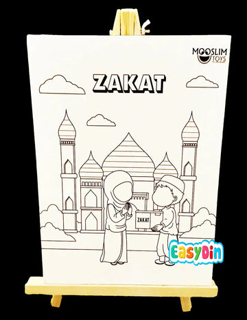 Wit kleurplaat met moskee en twee kinderen met woord zakat in zwarte letters op houten ezel voor verfset 5 zuilen