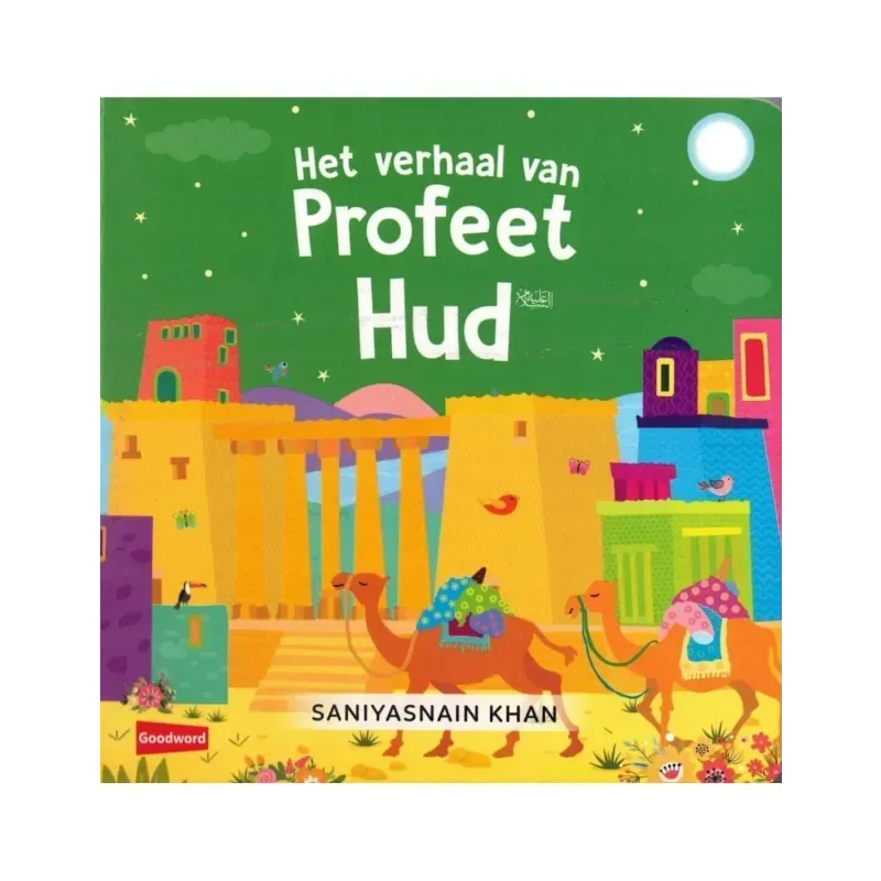 Kleurrijk kinderboek het verhaal van profeet hud met illustratie van kamelen en oude gebouwen onder sterrenhemel
