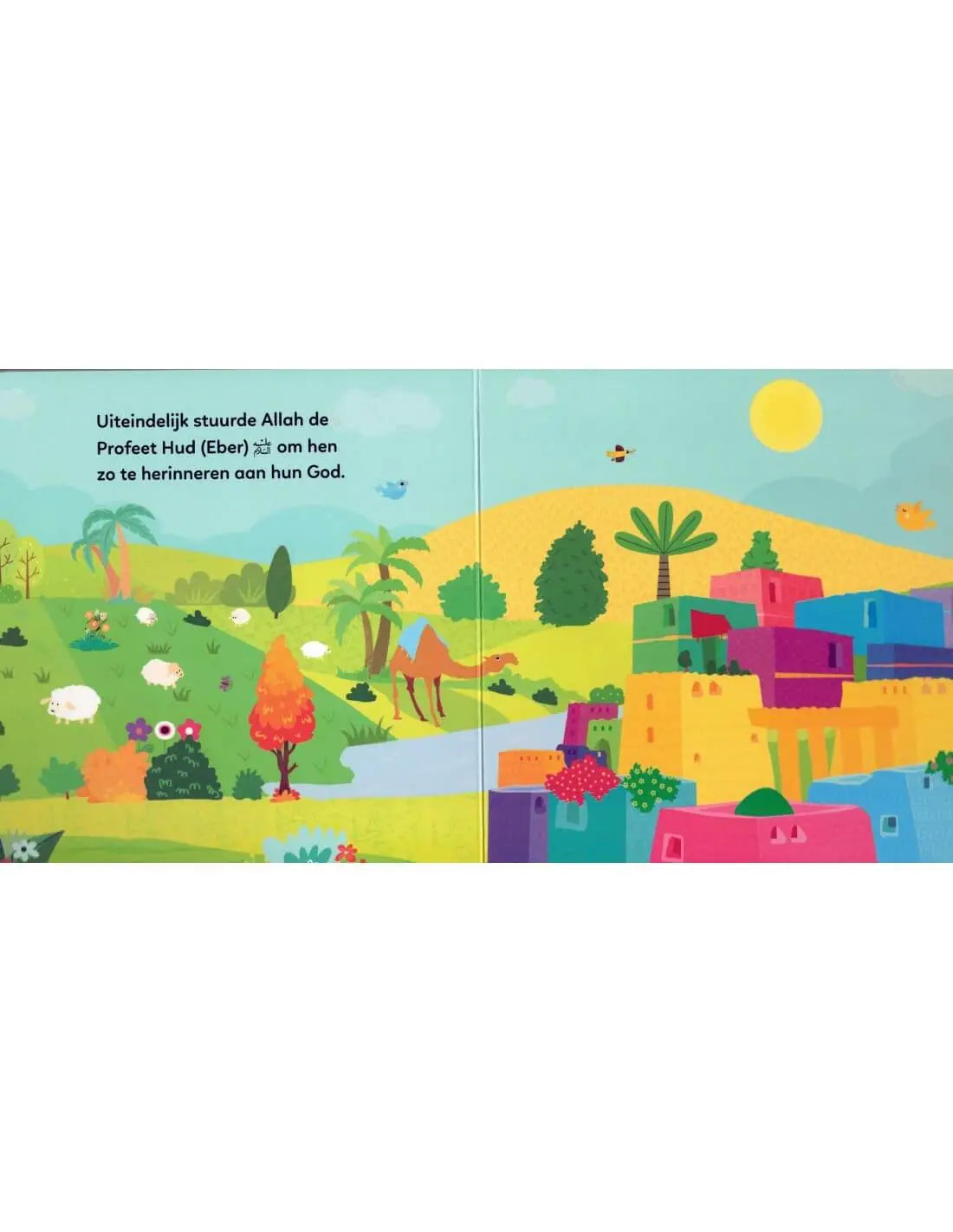 A kleurrijke pagina uit het kinderboek Het verhaal van Profeet Hud met illustraties van palmbomen dieren en gebouwen