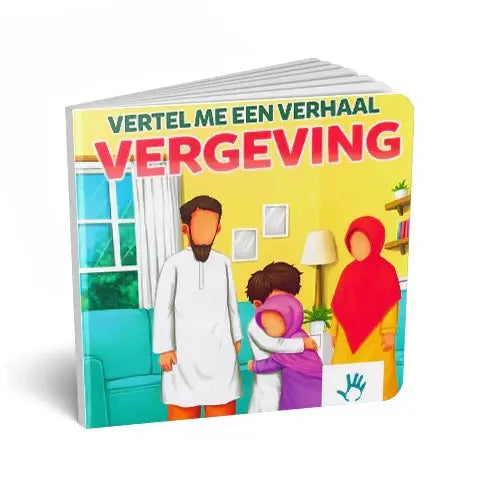 Een felgekleurd kinderboek met een gele kaft en de titel vertel me een verhaal vergeving in rode letters