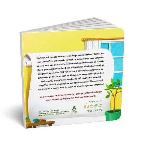 Gele kinderboardboek vertel me een verhaal vergeving met illustratie van raam en plantenpot op achterkant