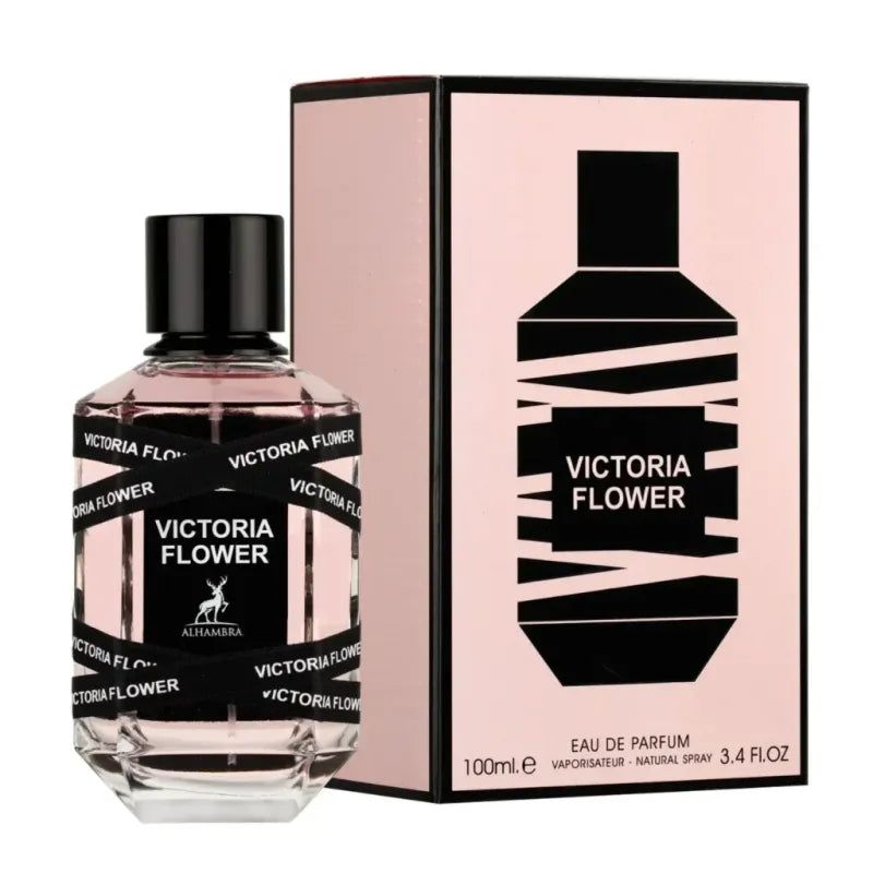 Roze en zwarte parfumfles met verpakking van Victoria Flower al Hambra Edp