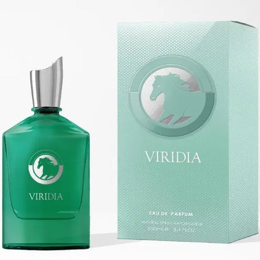 Viridia edp emerald groene glazen parfumfles met zilveren dop en paardenembleem viridia eau de parfum