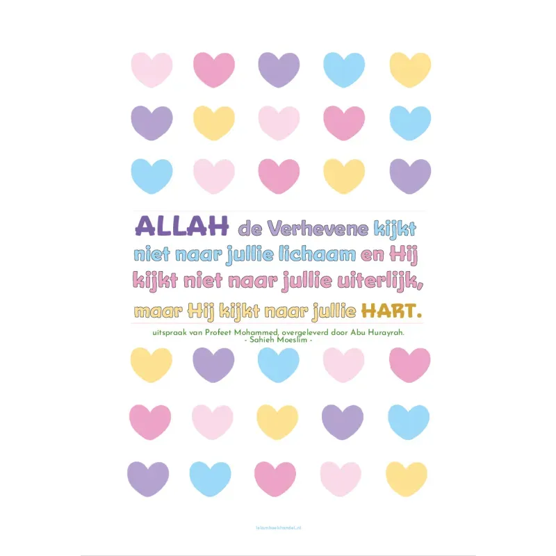 Pastelkleurige voordeelbundel poster hart met Koran en Hadith teksten in het Nederlands