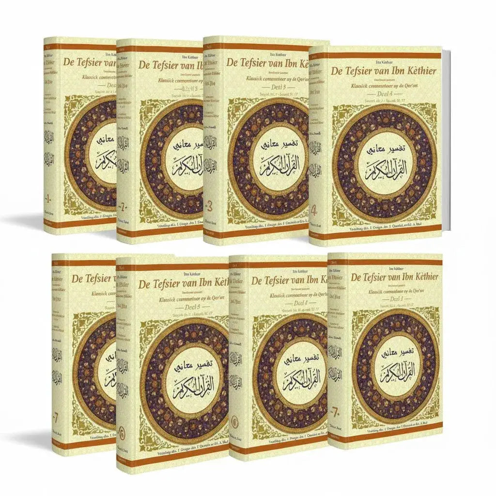 Set van acht roomkleurige hardcover boeken met goud en paars ornament op de voorkant de tafsier van ibn kethier