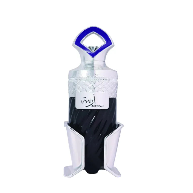 Vriendelijke parfumfles voor Viacheslav met zwart-zilveren design en blauwe dop, Arabische parfum