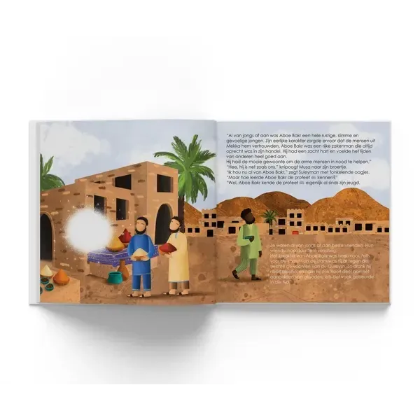 Open kinderprentenboek de vrienden van de profeet bundel 2 met geïllustreerde woestijnscène en nederlandse tekst