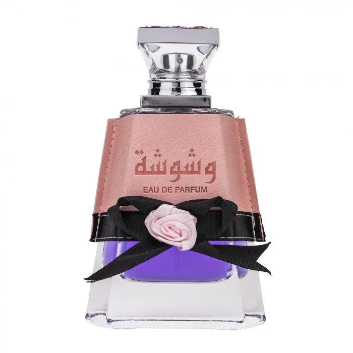 Lattafa Parfum Washwasha met paars parfumflesje, roze lederen omhulsel en zwarte lint