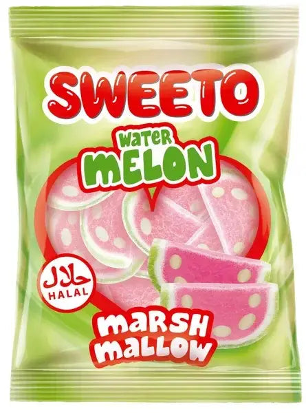 Een fris groene en roze resealbare plastic zak met watermeloen marshmallows snoep 60g halal verpakking