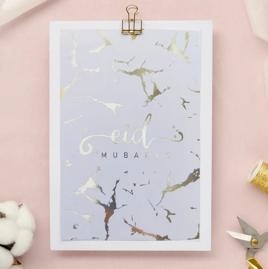 Wenskaart Eid mubarak -marmer goud (per 6 verpakt) - Islamboekhandel.nl