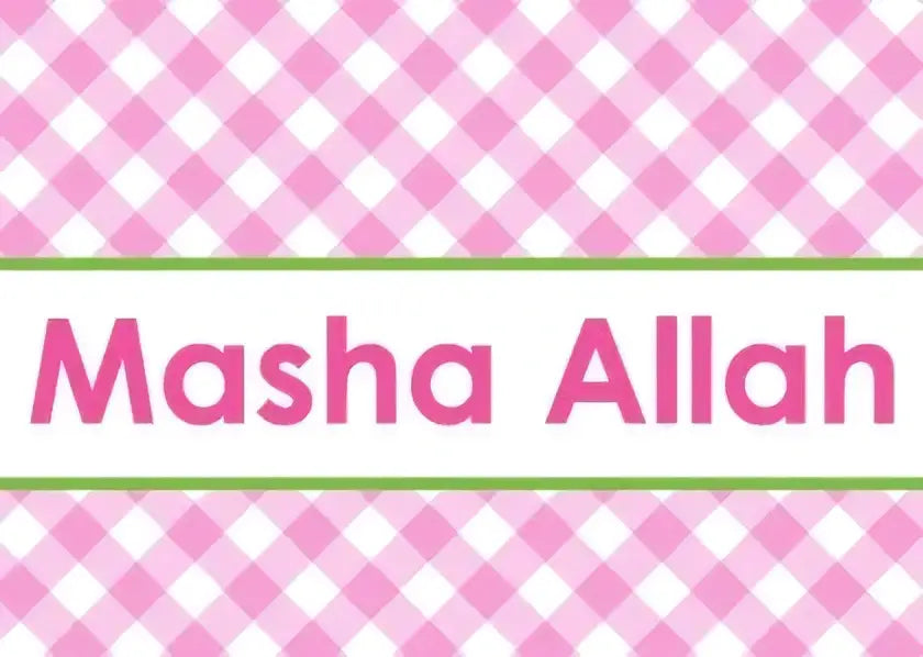 Wenskaart geboorte meisje met roze en witte ruitjes en roze tekst masha allah op banner