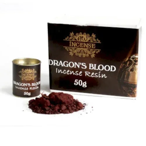 Dragon’s Blood wierrook resin in a dark container with packaging box for charcoal