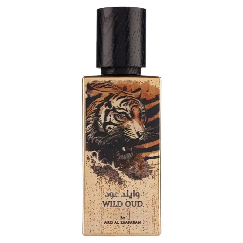 Rechthoekige amberkleurige glazen fles met zwarte houten dop en tijgerillustratie labeled wild oud van ard al zaafaran