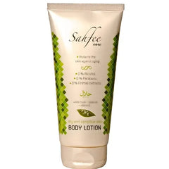 Sahfee Witte Musk Body Lotion in een crèmekleurige tube met groene diamantaccenten