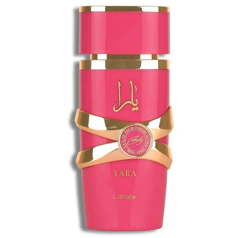 Roze en gouden parfumfles van Yara Candy met bloemig fruitig gourmand geur