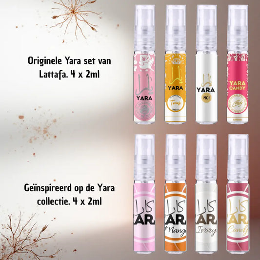 Set van acht mini parfumverstuivers in helder plastic met kleurrijke labels van yara set origineel en dupe