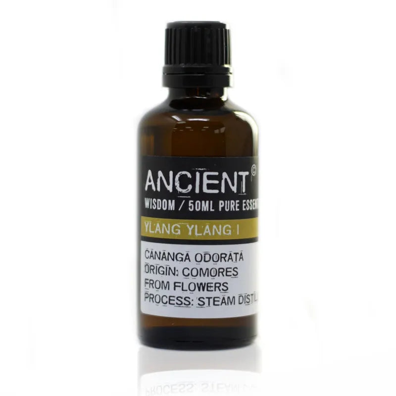 Bruine glazen fles met Ylang Ylang etherische olie van Ancient Wisdom 50 ML