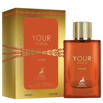 Ambergeurende parfum in rechthoekige glazen fles met gouden dop en doos your touch van maison alhambra