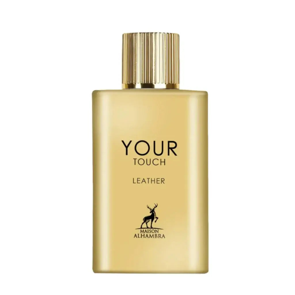 Goudkleurige rechthoekige parfumfles met geribbelde gouden dop en zwarte tekst your touch leather van maison alhambra