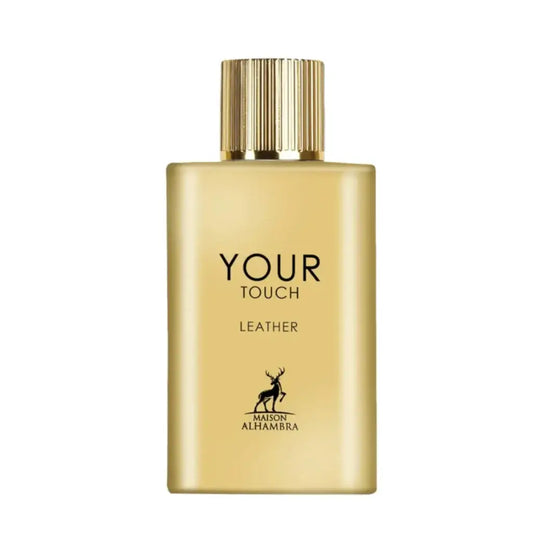 Goudkleurige rechthoekige parfumfles met geribbelde gouden dop en zwarte tekst your touch leather van maison alhambra