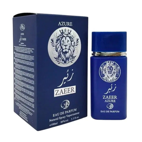 Deep blue zaeer azure eau de parfum bottle with silver lion emblem and matching box in elegant design