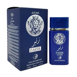 Deep blue zaeer azure eau de parfum bottle with silver lion emblem and matching box in elegant design