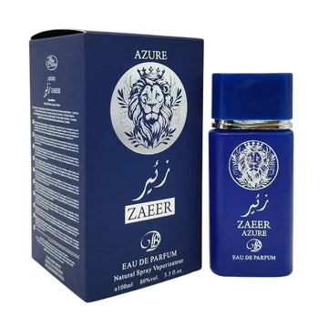 Deep blue zaeer azure eau de parfum bottle with silver lion emblem and matching box in elegant design