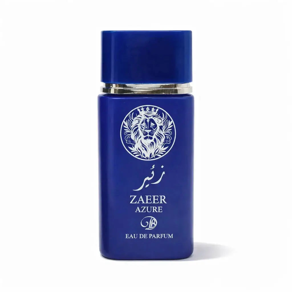 Deep blue rectangular bottle of zaeer azure eau de parfum with silver cap and embossed lion emblem