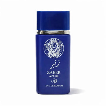 Deep blue rectangular bottle of zaeer azure eau de parfum with silver cap and embossed lion emblem
