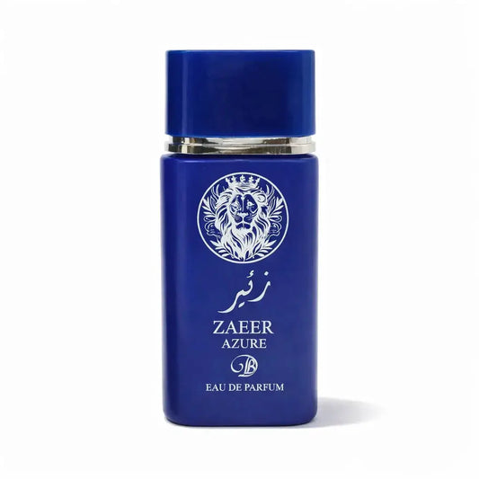Deep blue rectangular bottle of zaeer azure eau de parfum with silver cap and embossed lion emblem