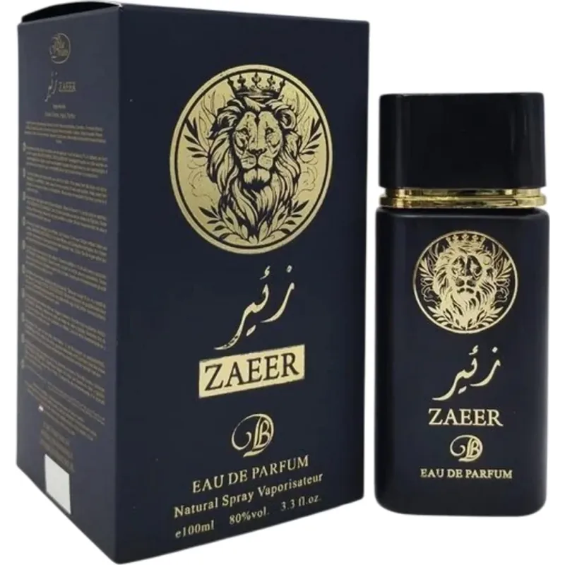 Zaeer Black eau de parfum fles met gouden leeuwenembleem en donkere blauwe doos