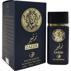 Zaeer Black eau de parfum fles met gouden leeuwenembleem en donkere blauwe doos