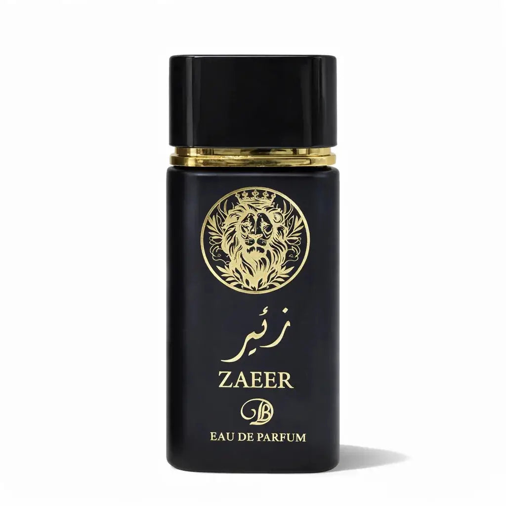 Zaeer Black zwarte rechthoekige parfumfles met gouden leeuwembleem en Zaeer branding