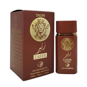 Bruin zaeer taupe eau de parfum fles met gouden leeuw embleem en bijpassende doos zichtbaar in productzicht