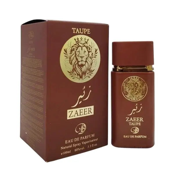 Bruin zaeer taupe eau de parfum fles met gouden leeuw embleem en bijpassende doos zichtbaar in productzicht
