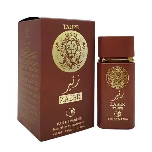 Bruin zaeer taupe eau de parfum fles met gouden leeuw embleem en bijpassende doos zichtbaar in productzicht